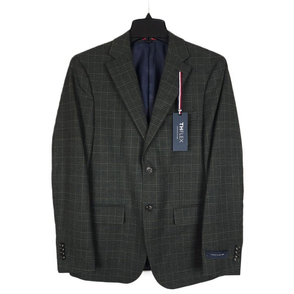Tommy Hilfiger Mens Modern Fit Sport Coat Blazer 36R Olive Brown Plaid Stretch